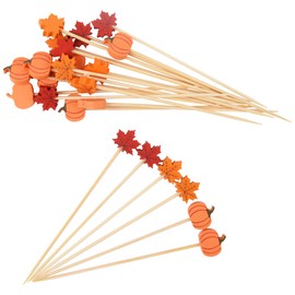 AWCIGG® Pack of 100 Pumpkin Maple Leaf Cocktail Picks, Wooden Cocktail Toothpicks, Long Cocktail Picks, Autumn Thanksgiving Party Picks, Cocktail Sticks for Food & Drink Decoration