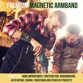 El pulsera magnético Fishlift: un cinturón de herramientas para tu brazo con 25 potentes imanes, tela elástica y piel real para sujetar tornillos, puntas y clavos.