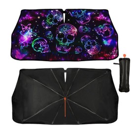 Neon Skull Butterflies Car Windshield Sunshade Umbrella Retractable Sun Shade for Car Upgraded Umbrella Front Window Sun Shade Cover UV Blocks Heat Insulation Sunshades Sun Visor