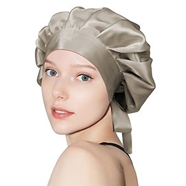 OLESILK OLESILK Mulberry Silk Bonnet for Sleeping Bowknot, Double-Side Silk Sleep Cap for Curly Hair Care, Hair Bonnet for Afro Wavy Long Hair, Night Cap for Women, Light Coffee