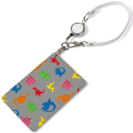 Pass Case, 1 Pocket, Reel Included, Dinosaurs, Cute, Dinosaur Pattern, Animal, Clear Pocket, Card Holder, Pteranodon, Tyrannosaurus, Triceratops, gray