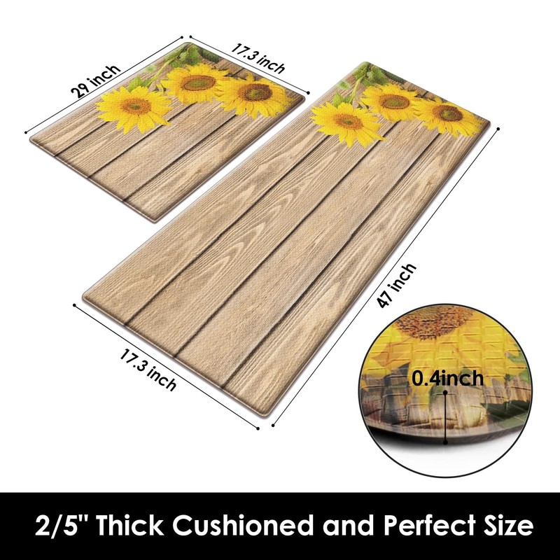 Anti-Fatigue Sunflower Kitchen Rug Set of 2 Cushioned Wooden Background