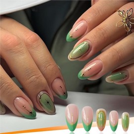Green French Tip Press on Nails Short Almond Shaped Fake Nails with Golden Stripe Designs Gradient False Nails Full Cover Acrylic Nails Stick on Nails for Women Nails Manicure Decoration 24 Pcs