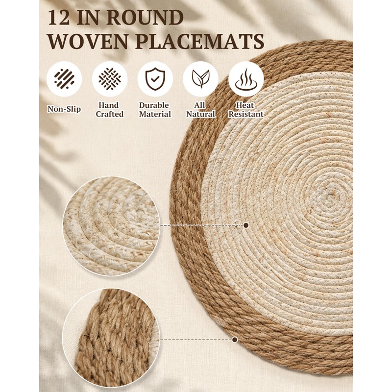 4Pcs 12'' Round Woven Placemats Handmade Slip Heat Resistant Wicker