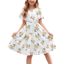 Arshiner Girls Floral Dress Boho Short Flutter Sleeve Casual A-Line Swing Dresses (Yellow Floral, 13-14 Years)