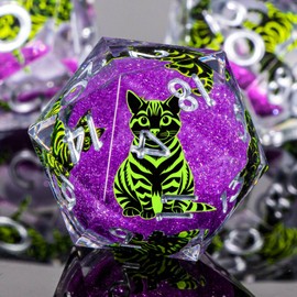 KERWELLSI Cat Liquid Core DND Dice Set with Gift Box, 7Pcs Resin Dungeons Sharp Edge D&D Dice, Dragons D and D Role Playing Dice D20 D12 D10 D8 D6 D4, Purple and Green Cat