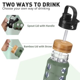 MUKOKO Glass Water Bottles, 24oz Glass Tumbler with Straw, Drinking Bottles with 2 Lids-Handle Spout Lid&Bamboo Straw Lid, Motivational Water Bottle with Time Marker and Silicone Sleeve, 1 Pack-Olive