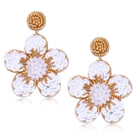 Beaded Drop Earrings Statement Colorful Beaded Flower Earrings Handmade Bohemia Tropical Beadwork Dangle Earrings For Woman (white)