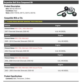 Marketplace Auto Parts Serpentine Belt Drive Component Kit - Compatible with 2002-2010 Chevy Silverado 2500 HD 6.6L V8 Diesel