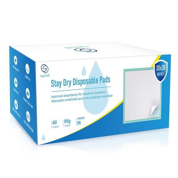 Disposable Bed Pads for Incontinence, 60 Count Disposable Underpads, Ultra Absorbent Pee Pads Chuck Pad with Adhesive Strips, Large Bed Liner for Adults, Elderly, Babies and Kids(30 x 36 Inches)
