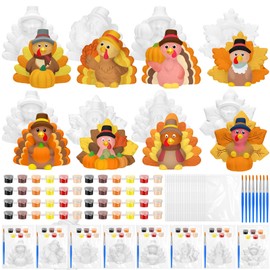JellyArch 8 Set Thanksgiving Turkey Ceramics to Paint Ready to Paint Your Own Ceramic Turkey Statues DIY Unpainted Ceramics Paintable Figurines Kit Crafts with Brush Palette for Boys Girls