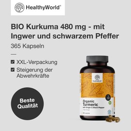 HealthyWorld® Organic Turmeric 480 mg with Ginger and Black Pepper - 365 Capsules - 1 Year Supply - Perfect Combination of Natural Ingredients - to Support the Immune System, Liver and Heart