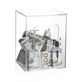 Clear Piggy Bank for Adults, Large Acrylic Money Saving Box with Key and Slot, Openable Coin Money Bank for Real Money, YITOBA Cash Savings Box, Reusable Money Saver Box (Transparent)