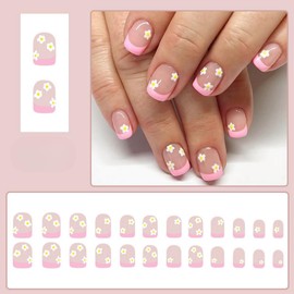 French Tip False Nails With Floral Design, SXVME Pink French Tip Press on Nails Short Square Flowers Full Cover Spring Nude Fake Nails Press on, Natural Glue on Nails for Women in 24 Pcs