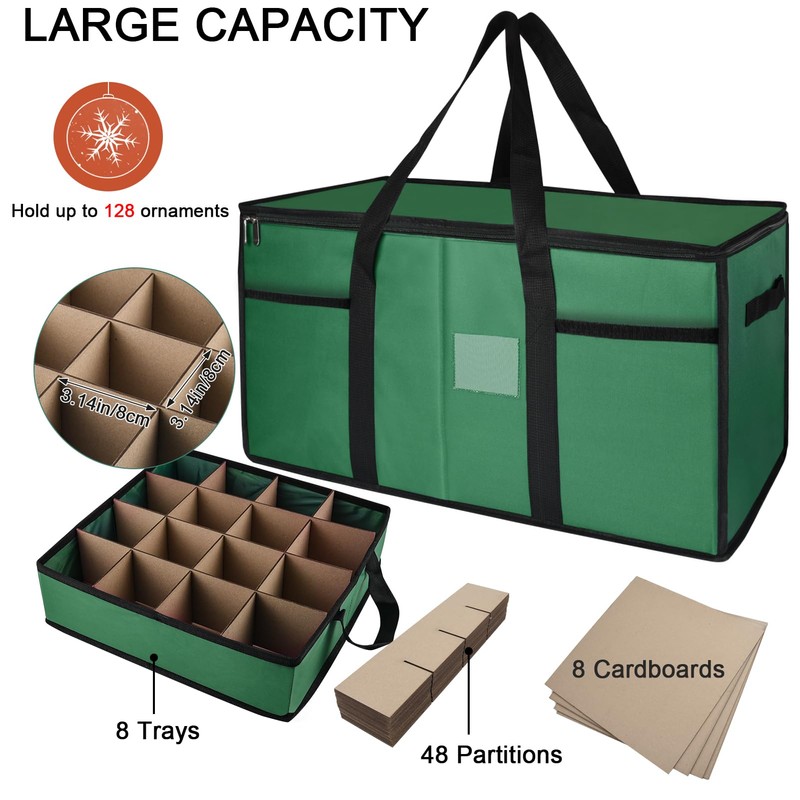 Christmas Ornament Storage Box with Dividers, Holds 128 Balls, Green