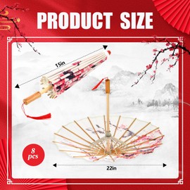 Dunzy 8 Pcs Oiled Paper Umbrella Chinese Japanese Classical Plum Blossom Paper Umbrella Parasol Art Dance Umbrella for Wedding Decor(22 x 15 Inch)