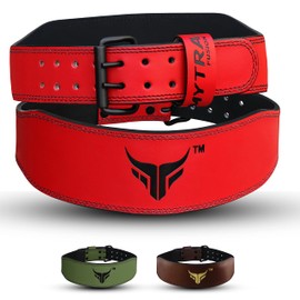 Mytra Fusion Weight Lifting Belt Real Leather Gym Belt Men & Women Lifting Belt for Weightlifting, Workout, Powerlifting, Strength Training (L, Red)