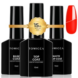 TOMICCA Base and Top Coat Gel UV Nail Polish Set, 3 x 15 ml, Includes Matte Top Coat, No Wipe, for All UV Gel Nail Polishes