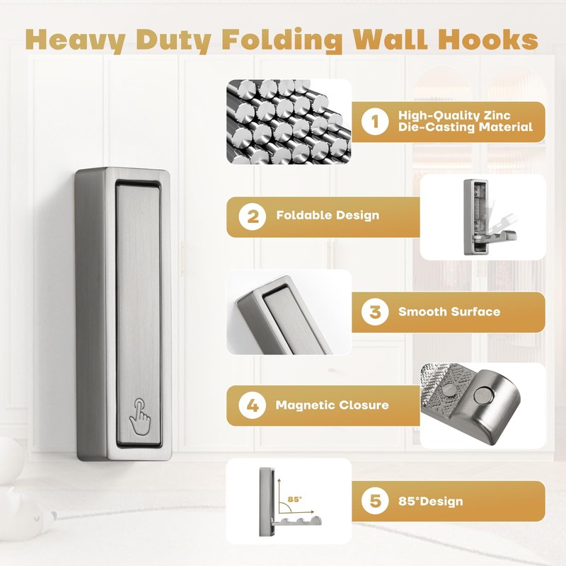 VOSEPO Folding Wall Hook, 4Pcs Foldable Coat Hooks Mounted, Heavy