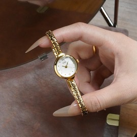 CARLIEN Small Petite Vintage Classic Gold Silver Bracelet Watches for Women Alloy Steel Waterproof Ladies Simple Dress Quartz Wristwatch (Gold White)