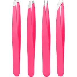 Derlaier Tweezers Set Professional High Precision Stainless Steel Eyebrow Remover Ingrown Hair & Splinter Removal Kit Facial Hair Grooming Tools for Men Women Pink 4 Pcs