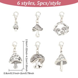 GOMAKERER 30 Pcs 6 Styles Mushroom Zipper Pull Charms, Tibetan Style Alloy Zipper Pendant Antique Silver Platinum Pull Zipper Pull for Bag Luggage