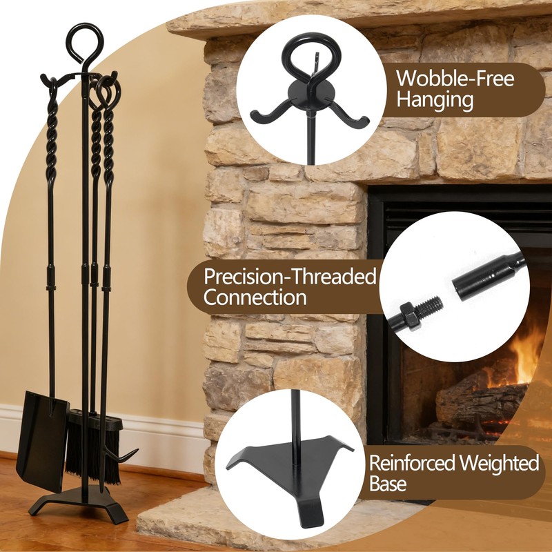 30in Fireplace Tool Set with Stand 4 Pcs Solid Manganese
