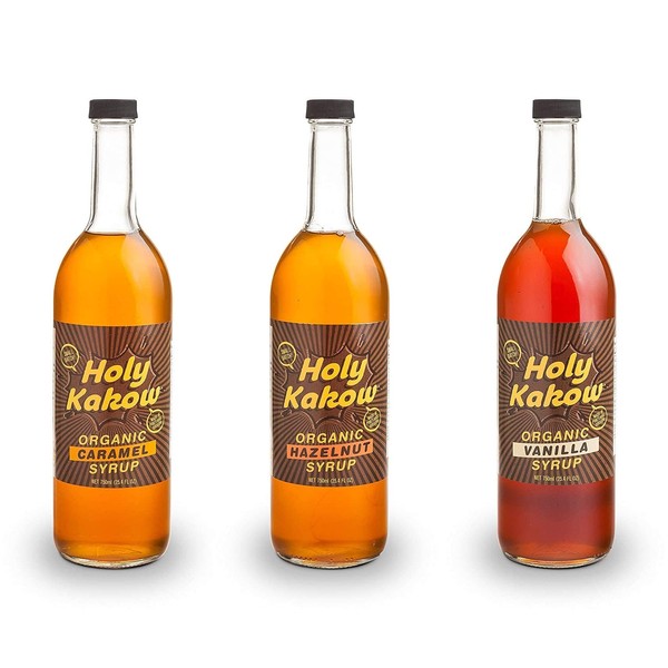 Holy Kakow Cafe Organic Syrup Variety Pack. Caramel Syrup, Hazelnut Syrup, Vanilla Syrup. Coffee Syrups, Organic Syrups for Coffee.Add to Lattes, Cocktails or Shakes. Real Food Ingredients, Specific Flavor - 750ml 3-Pack