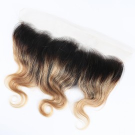13x4 Lace Frontal Closure 1B/27 Body Wave Swiss Transparent Ear To Ear Lace Frontals 100% Remy Human Hair 150% Density Hair Extension Black Ombre Blonde Color 12 Inch
