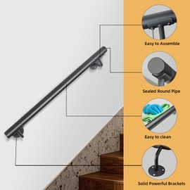 Purife 24 Inch Metal Stair Handrail Indoor- 2 FT Square Pipe Wall Mount Handrial, Outdoor Railings for Garage Porch Patio Steps, Deck Hand Rail, Iron Banister Railing