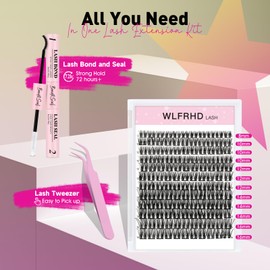 Lash Clusters Kit 132Pcs D Curl Lash Extension Kits Eyelash Extensions Individual Lashes Kit with Cluster Lashes Bond and Seal and Eyelash Extensions Tweezers DIY at Home(5-1,VINE02）