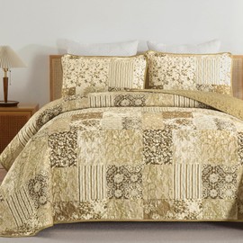 Patchwork Quilt Set King Size, Brown Plaid Reversible Bedspread Coverlet Set 3 Pieces for All Season, Soft Microfiber Bedding Set 104"x90"