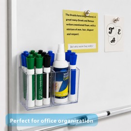 rhinocats Magnetic Pen Holder with 8 Magnetic Push Pins, Clear Magnetic Dry Erase Marker Holder, Locker Accessories, Large Capacity Pencil Holder for Whiteboard, Fridge, Office & Classroom Supplies