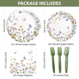Audree 96 Pcs Wildflower Party Supplies, Disposable Paper Plates and Napkins Set For Spring, Baby Shower, Wedding, Birthday, Perfect For 24 Guests Set Dinner and Dessert Plates, Napkins, Plastic Forks | AUDREE