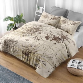 Pamnest Comforter Set King Size, Adventure Map Ocean Vintage Soft 3 Pcs Bedding for Kids and Adults, Rose Nautical Pirate Comforter Set with 2 Pillowcases, for Bedroom Bed Decor