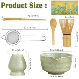 wakouter 7 Pcs Matcha Kit, Matcha Whisk Set for Japanese Tea Ceremony Matcha Bowl, Bamboo Whisk, Whisk Holder, Spoon & Scoop, Sifter & Tea Towel Tea Making Ceremony Kit for Matcha Lovers (Green)