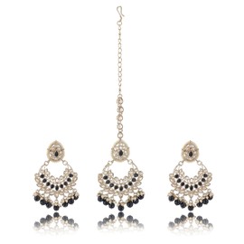 Maang Tikka Set With Champagne Stones and Faux Pearls by Boutique De Luxe, Aditi Indian Jewelry Tikka Set, Indian Earrings For Women, Indian Earrings, Bollywood Jewelry For Women (Black)