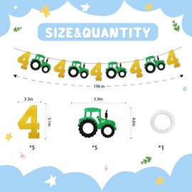 Tractor 4th Birthday Banner, Farm Tractor 4th Birthday Decoration for Boy, Green Glitter Tractor Four Paper Garland for Farm Party Supplies