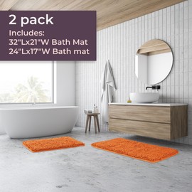2 Piece Bathroom Rug Set - 32x21 Inch and 24x17 Inch Memory Foam Bath Mats with Chenille Shag Top for Stylish Bathroom Decor - Machine Washable Bath Rugs Set of 2 by Lavish Home (Orange)