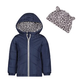LONDON FOG Baby Girl's Puffer Winter Jacket Hood Lining & Matching Leopard Printed Beanie with Ear, Navy, 5/6