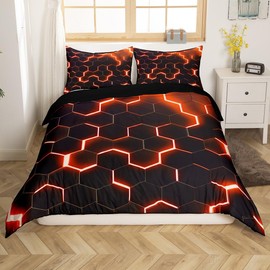 Homewish Orange Black Bedding Single Teen Boys Fashion Neon Geometric Honeycomb Bedding Set Kids Hexagon Beehive Geometry Duvet Cover Modern Abstract Quilt Cover 1 Pillow Case