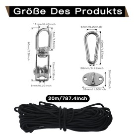 4 Pieces Stainless Steel Pulley, Block Rope Pulley with 4 Pieces Carabiner Hooks, 1 Piece Braided Rope, 2 Pieces Ring Hooks, Roller Roller for Indoor and Outdoor Use
