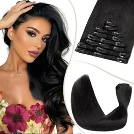 TESS Clip in Hair Extensions Real Human Hair Black Remy Seamless 8 Pieces Straight for Women/Girls (#01 Jet Black, 16 Inch 65g)