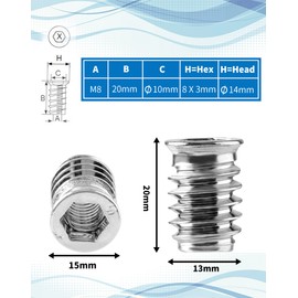 Pack of 100 Screw-In Nuts M8 Screw-In Sleeves M8 x 20 mm Screw-In Sleeve, ZITFRI Screw-In Nut Threaded Bushing with Cover Edge Thread Insert Hex Allen Nuts Nickel-Plated Carbon Steel for Wooden