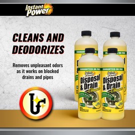 Instant Power Disposal and Drain Cleaner – Liquid Enzyme Clog Remover, Cleans and Deodorizes, Removes Drain Blockages, Fresh Lemon Scent 33.8 Fl oz, 1 Liter 4 Pack