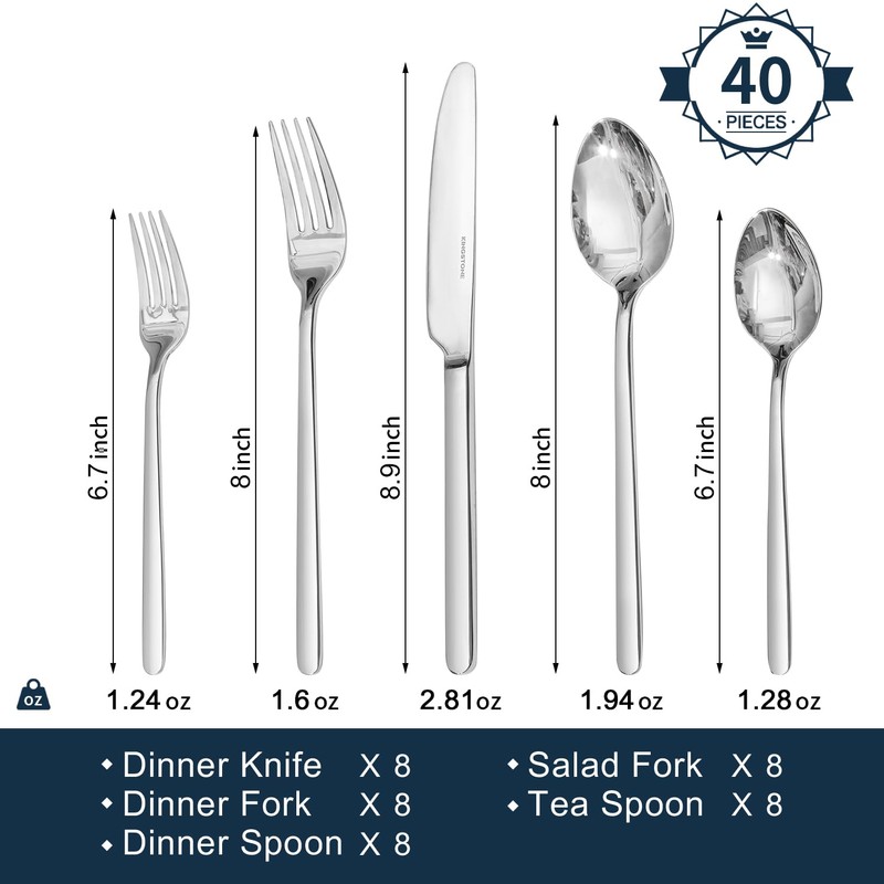 KINGSTONE 40 Piece Silverware Set, Flatware Set for 8, 18/10