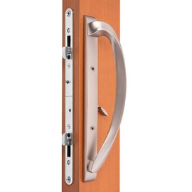 Rockwell Security Modena Contemporary Sliding Door Center Keylock Handle Set in Brushed Nickel Fits 3-15/16 Inch CTC Screw Holes and 1-3/4 Inch Thick Doors