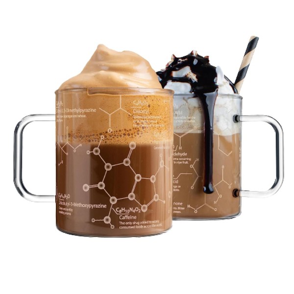 Greenline Goods - Taza de café de vidrio - Vaso de 16 onzas (juego de 2) - Grabado con moléculas químicas del café