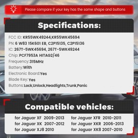 Beefunny Smart Remote Key Fob Replacement for Jaguar XF XFR XK XKR XJ8 XK8 2006-2013 FCC ID:KR55WK49244,KR55WK45694 315MHz (1)