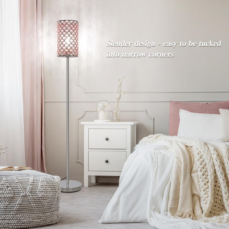 Crystal Floor Lamp for Bedroom, Silver Floor Lamp with Pink